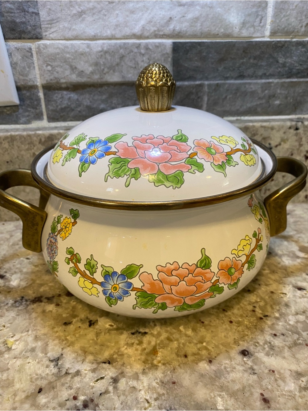 vintage enamel pot with brass accents